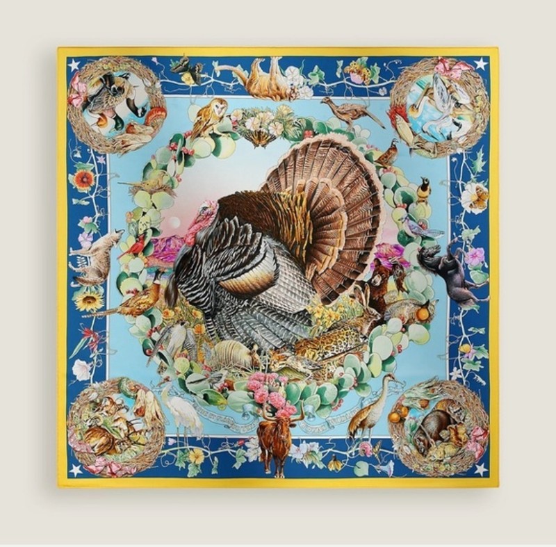 Hermes Silk Faune Et Flore Du Texas Scarf 90 Jaune Vif Bleu Azur Multicolor