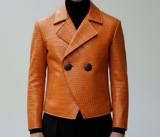 Men's Orange Crocodile Embossed Leather Jacket Genuine Cowhide Embossed Peacoat