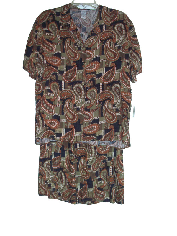 WOMENS SAG HARBOR SHORT SLEEVE BLOUSE & SKIRT SET - SHADES OF FALL SIZE L-XL NWT