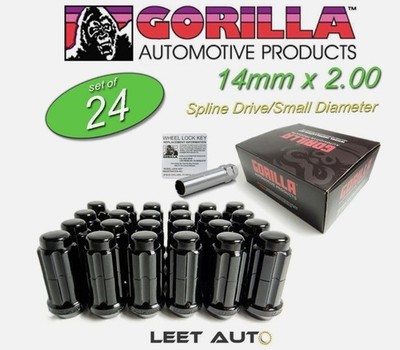 (24) Gorilla Lug Nuts, 14mm x 2.00, Black, Spline Drive, Duplex, K6TS-14200BGR