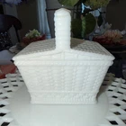 Vtg Westmoreland White Milk Glass Weave Pattern Picnic Basket Shaped Dish w Lid