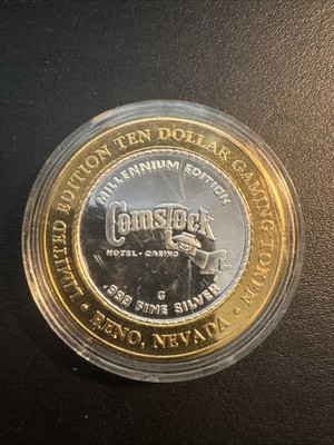 Comstock Casino Ten Dollar Gaming Token Reno Nevada .999 Fine Silver. In Case.