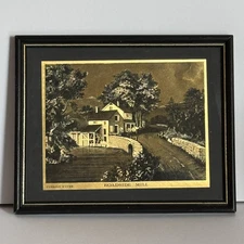 VTG Currier & Ives Roadside Mill Metalcraft Gold Foil Framed 6x8 Print