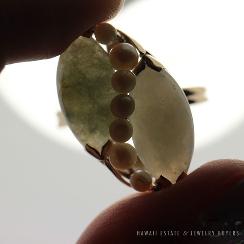 MING'S HAWAII JADE PEARL EARRING RING SET 14K YELLOW GOLD MINGS JEWELRY