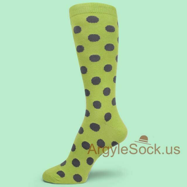 Men's Groomsmen Wedding Lime Green dress socks with Grey polka dots