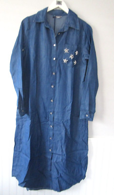 NeWays Denim Dress Long Roll-Tab Sleeve Rhinestones size 38- 8-10 NWT