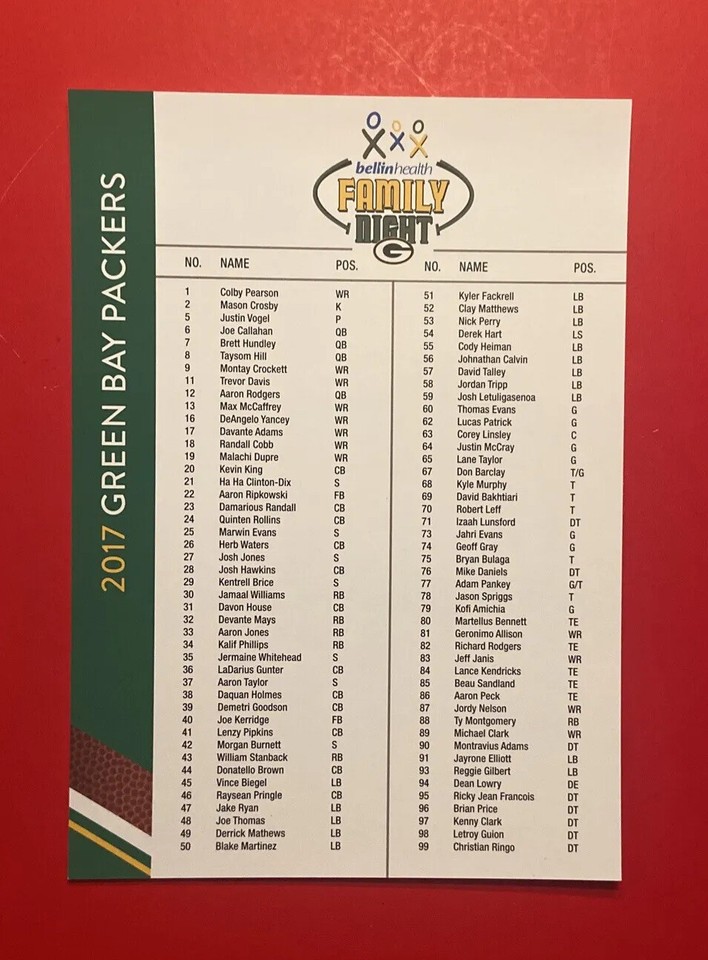 GREEN BAY PACKERS Game Day Roster Card Program NFL Football SGA Set Lot ...