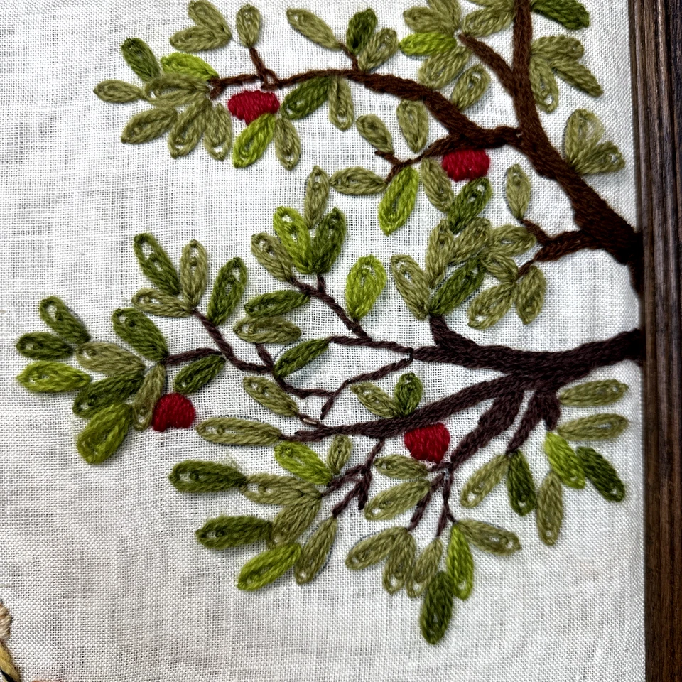 Vintage Folk Art Embroidery Needlepoint Framed Farm Art Tree Swing 23"x19"x1 - Image 4 of 4