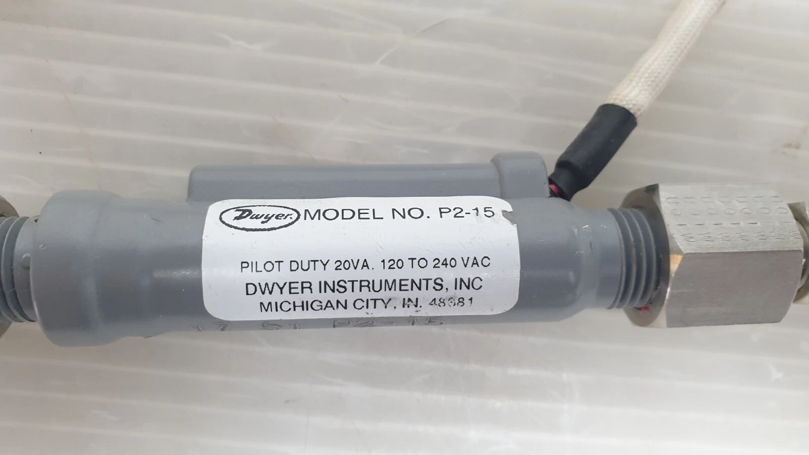 Dwyer label: Model No. P2-15, pilot duty 20VA, 120 to 240 VAC, Dwyer Instruments Michigan City