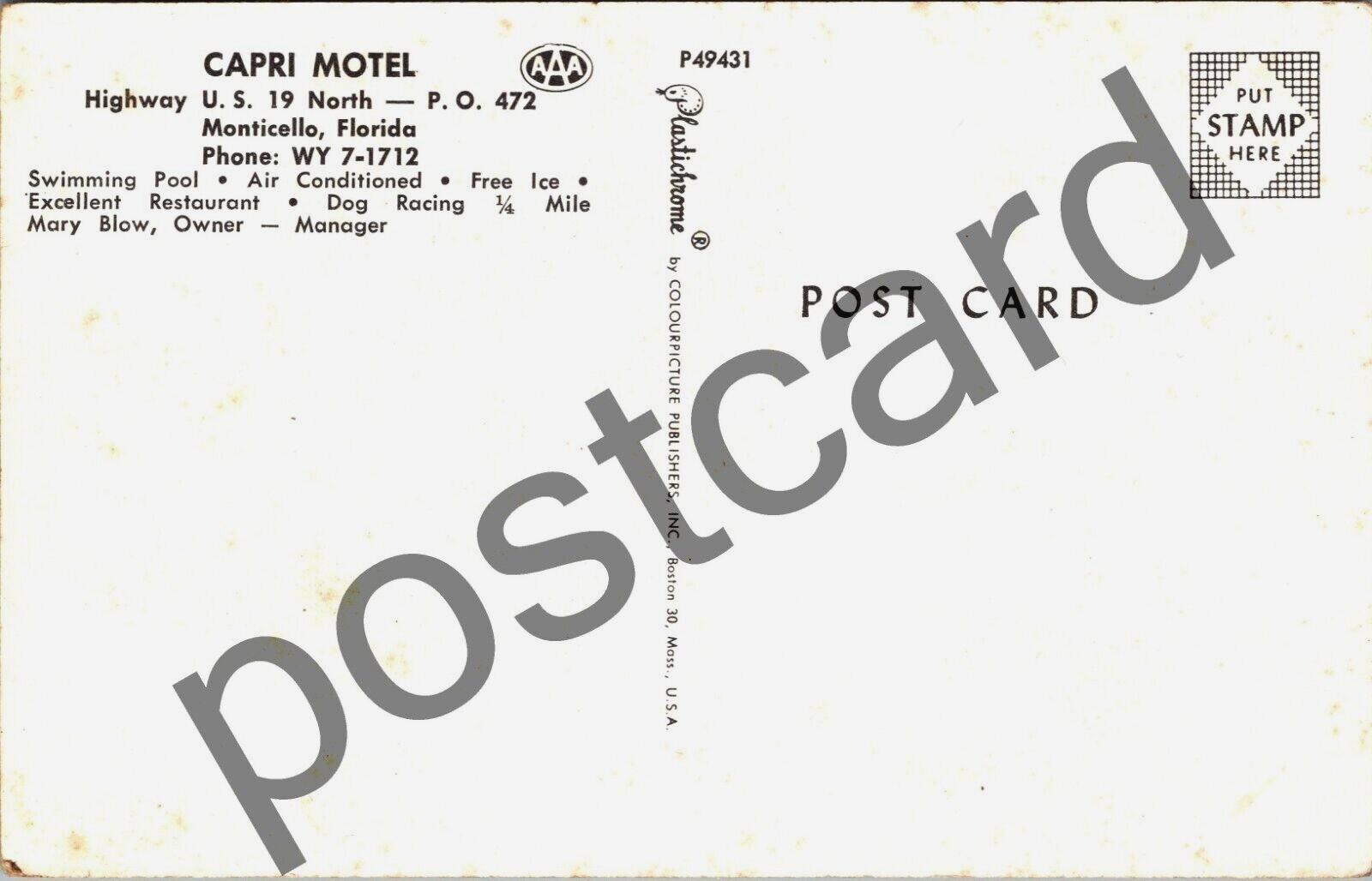 MONTICELLO FL Capri Motel, Mary Blow - Owner-Manager, Dog Racing, postcard jj056 thumbnail 2
