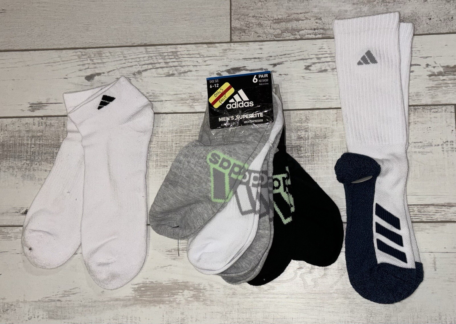 Adidas Crew & No-Show Socks 7-Pack - White/Black/Gray - Sizes 6-12 Large - Brand New-image