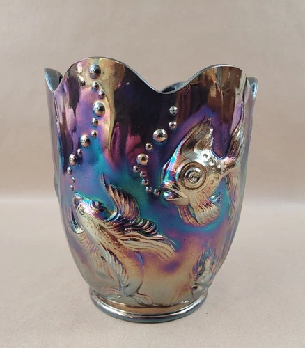 FENTON VASE INDIGO BLUE OPALESCENT ATLANTIS KOI FISH STAMPED 6.5” TALL