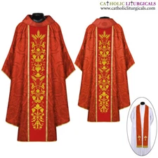 NEW RED Gothic Vestment & mass and stole set, Gothic Chasuble, Casulla, Casel