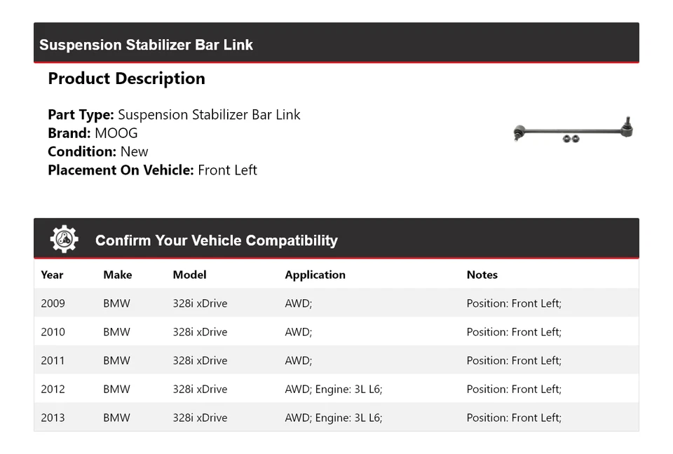 For 2009-2013 BMW 328i xDrive AWD Suspension Stabilizer Bar Link Front Left MOOG - Image 2 of 4