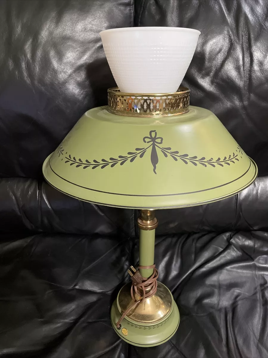 Vintage Brass Table Lamp With Metal Milk Glass Shades E 20773