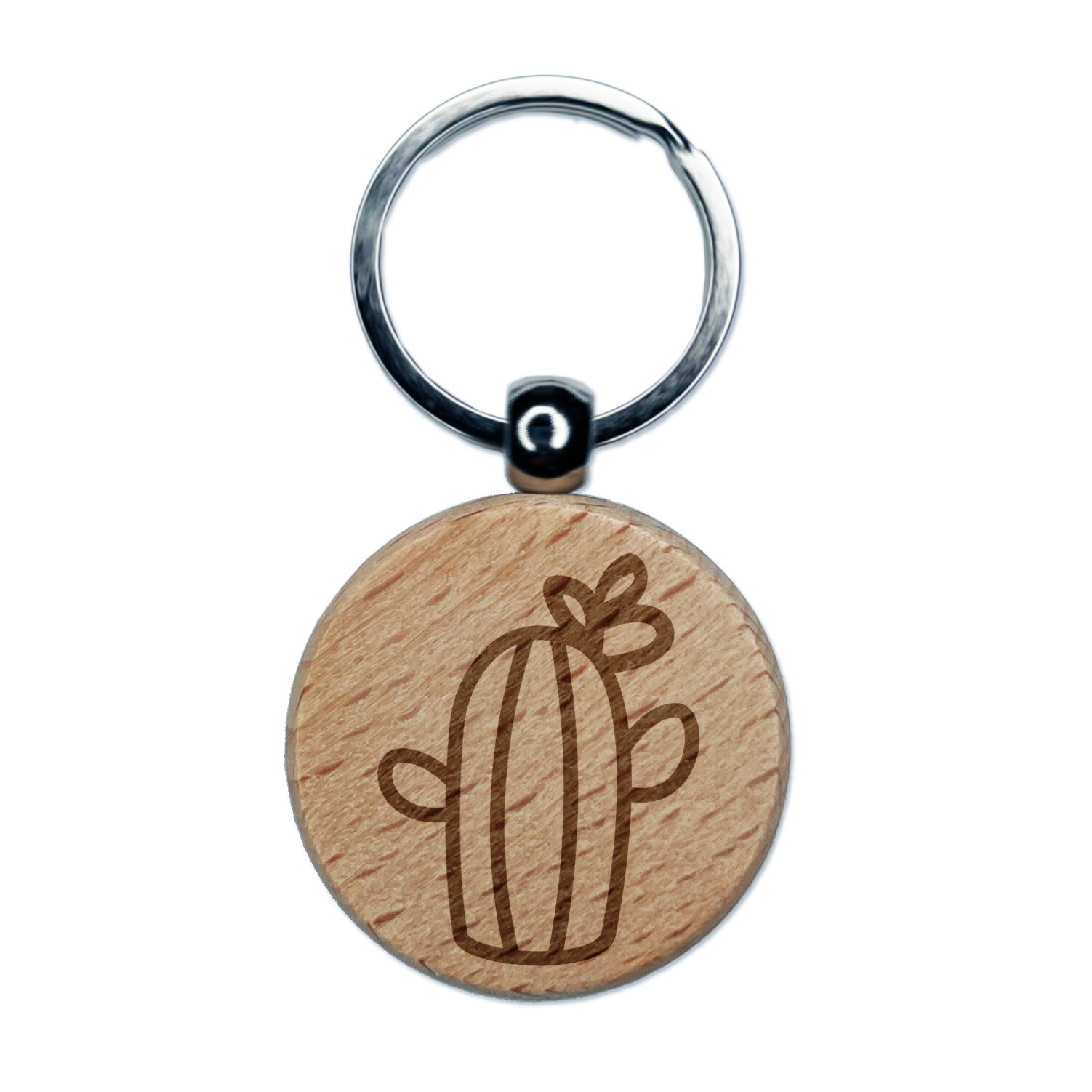 Cactus Succulent Flower Doodle Engraved Wooden Round Keychain Charm