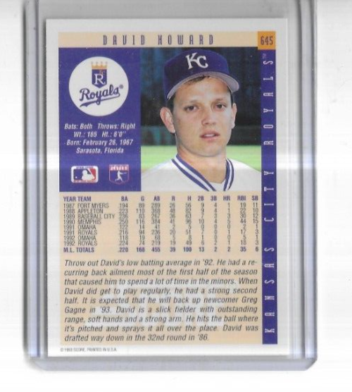 1993 Score #645 David Howard Kansas City Royals | eBay