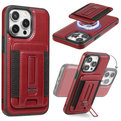For iPhone 16 Pro Max 15 14 13 Magnetic Leather Case with Card Holder Stand