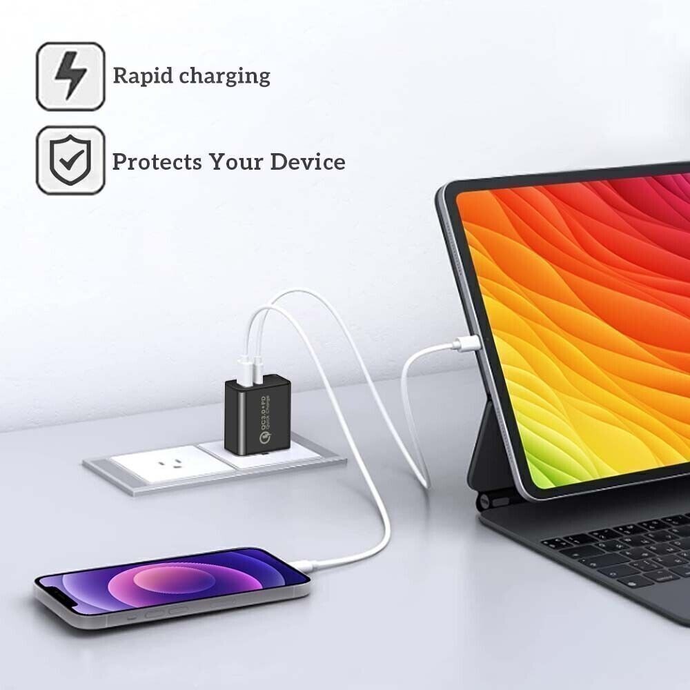 20W 2-Ports USB A+USB C 5V 3A Fast Home PD QC3.0 Wall Charger Block Adapter Lot