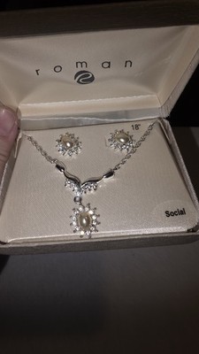  Roman Brand Pearl Set 18'' Necklace Earrings Crystal Rhinestone Original Box