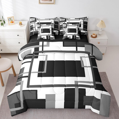 #ad #ad 7Pcs Black and White Queen Comforter Set for MinimalistBlack Gray Modern Geomet $119.99