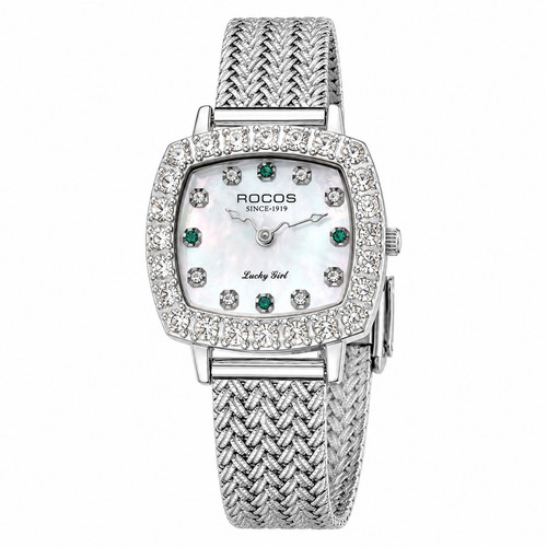 Rocos Women’s Silver Quartz Watch 30mm Mother of Pearl Crystal Heart Hands