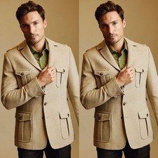 Light Khaki Men Safari Jackets Four Pockets Vintage Woolen Men Hunting Coat