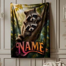 Personalized Raccoon Pair Coral Fleece Blanket Woodland Decor