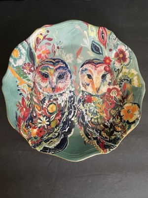Anthropologie Starla Halfmann Plate Sunburst Duo Owls Dessert Bread 8'' Gold Edge