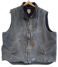 VTG Men's CARHARTT V33 GVL Grey Canvas Sherpa-Lined Vest Distressed Faded sz XL