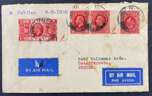 UK 1935 KGV Silver Jubilee One Penny 1d Red FDC First Day Cover To Sweden