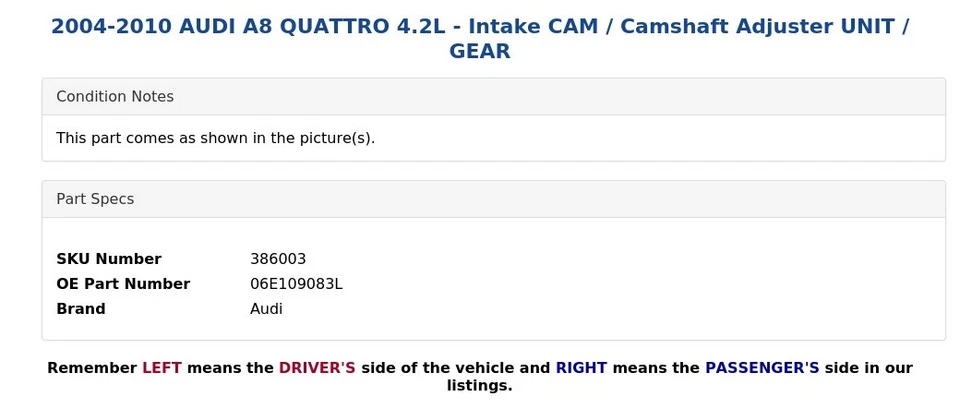 AUDI A8 QUATTRO 2004-2010 4,2 L - Cámara de admisión / Unidad de ajuste del árbol de levas / engranaje Foto 3 de 4