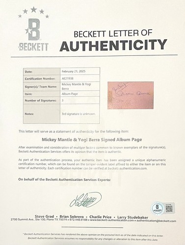 1961 Mickey Mantle Yogi Berra Signed 3x5 Index Card Yankees HOF Beckett BAS LOA - Picture 2 of 2