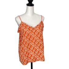 LOFT Tank Top Orange Pattern Ruffle Size Medium Petite New