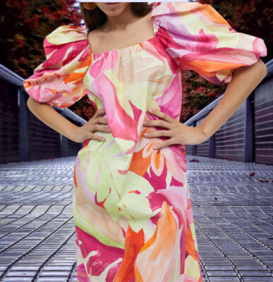 H&M Cotton Puff Sleeved Pink /Yellow Dress Kaftan Size L | eBay