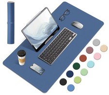 Dual-Sided Desk Pad 23.6x13.7 Inch Cork  PU Leather Lake Blue Non-Slip