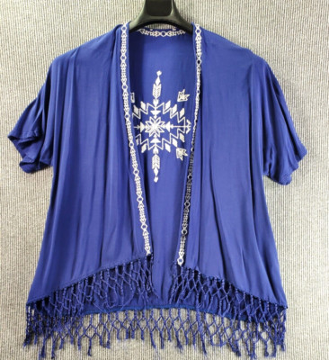 Vintage Cardigan Open Front Jacket Womens Med Blue Short Sleeve Embroidered