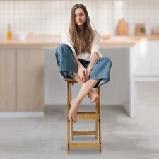 Portable Folding Bamboo Stool Tall Chair Foldable Bar Stool Porch Kitchen Chair