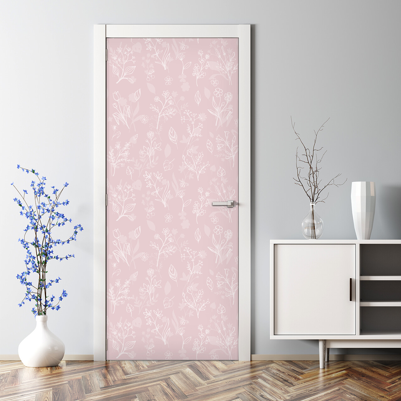 Pink white contour floral Bubble Free pink Door Decal Reusable self adhesive