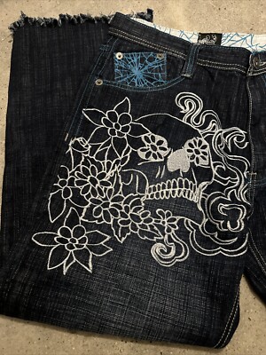 Y2K Delf Trading Savage Denim Fringe Jeans Mens 38x32 Embroidered