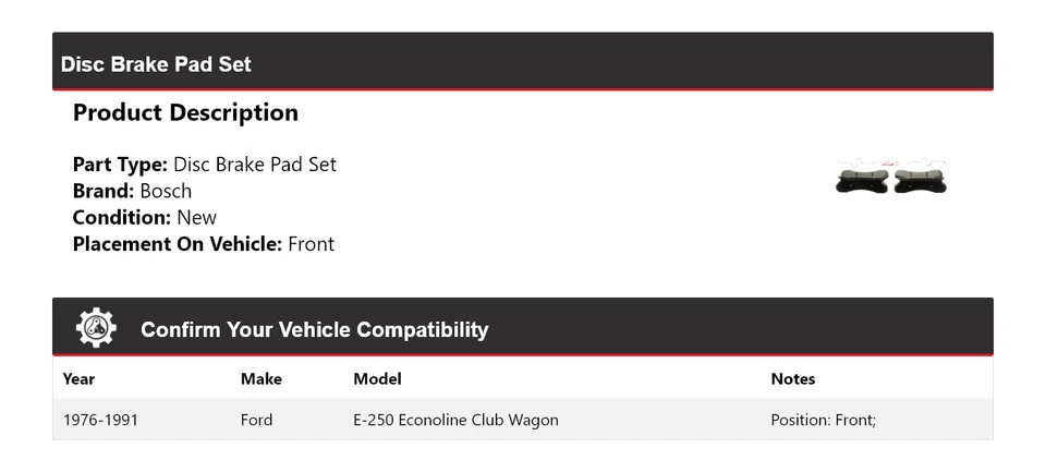 Juego de pastillas de freno de disco delanteras Bosch para Ford E-250 Econoline Club Wagon 1976-1991 Foto 2 de 4