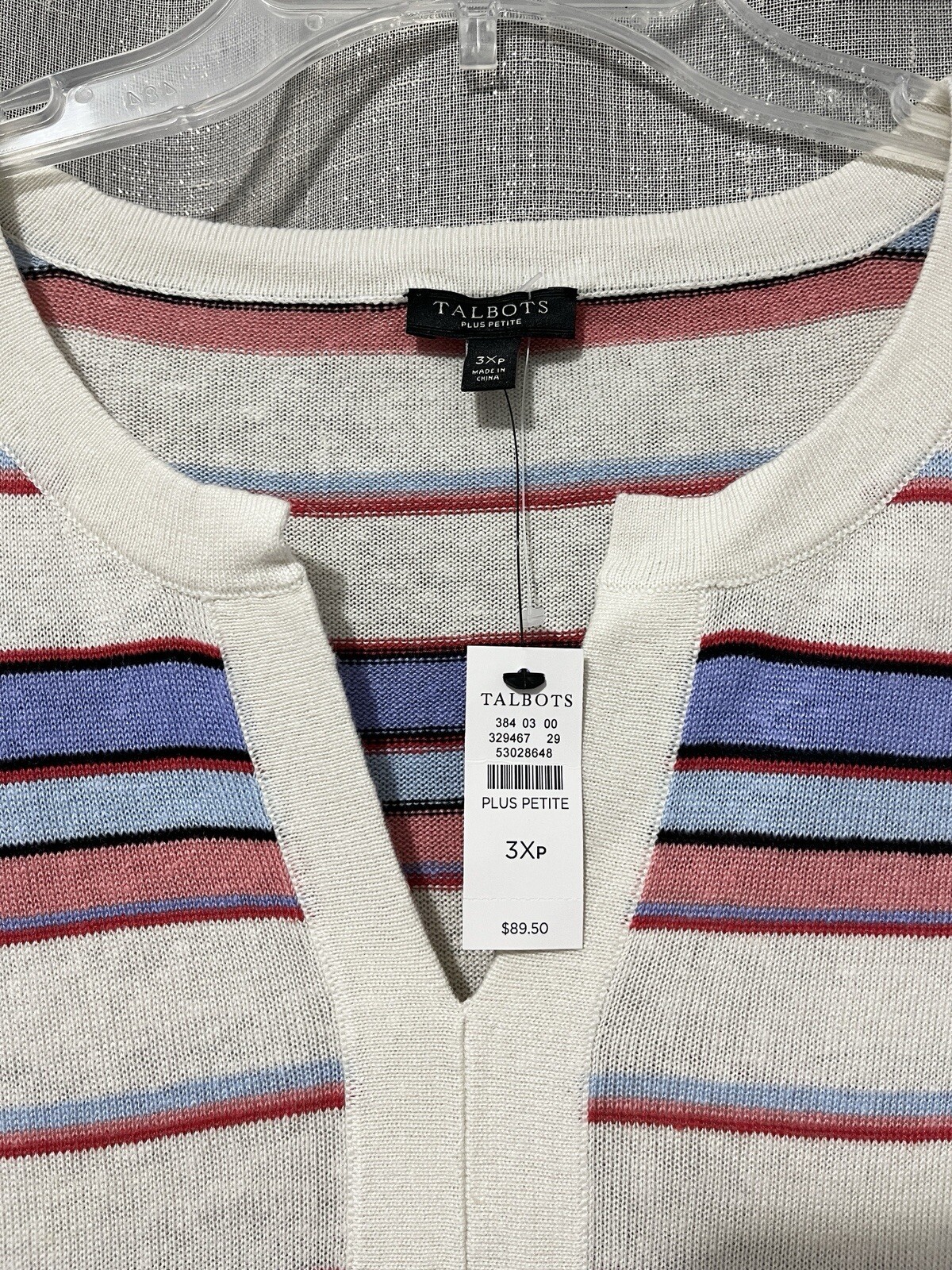 NWT TALBOTS 3X Petite P 3/4 Slv V-Neck Sweater Linen Blend Beige Blue Stripe $89