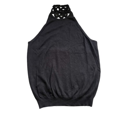 Pringle of Scotland Knit Halter Top Open Back Women Black Preppy Date Night