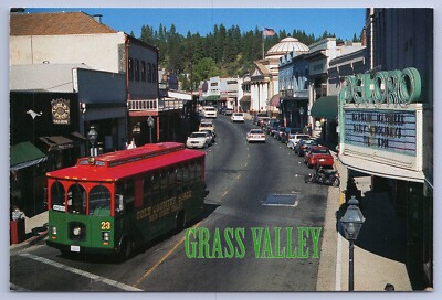 Mill Street Grass Valley CA 1990s Car Trolley Bus Motorcycle Theater postcard C5