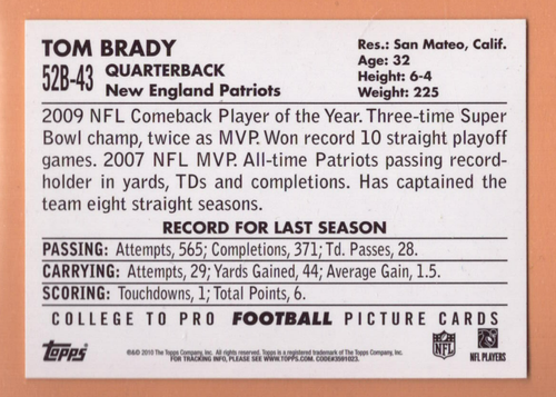 2010 Topps - 1952 Bowman Design Tom Brady #52B-43 - Picture 2 of 2
