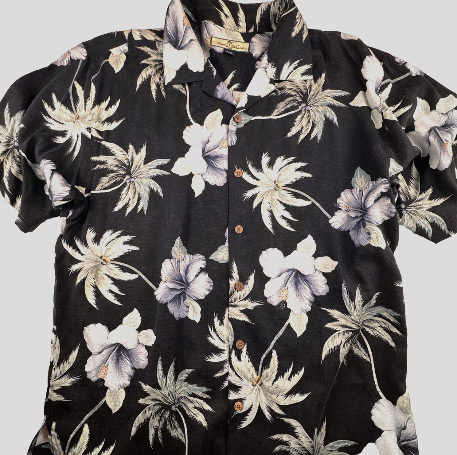 VTG Tommy Bahama Silk Shirt Mens Large Black Floral Loop Collar Hawaiian Camp