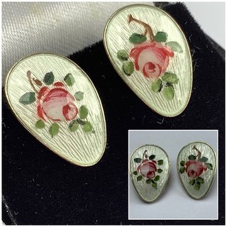 Vintage Norway Ivar T Holth Sterling Silver Gilt Guilloche Rose Clip Earrings
