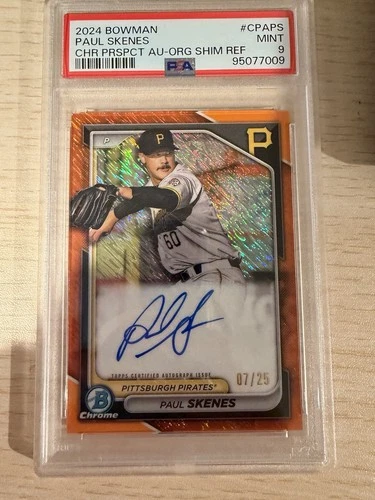 2024 Bowman Chrome Prospects Paul Skenes Orange Shimmer Auto /25 Cy Young PSA 9