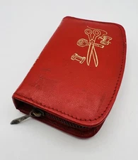 Vintage Austrian Sewing Kit Red Zippered Case Yorkshire Leather (Missing pieces)