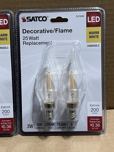 Satco S21839 Led Flame Light Bulb 3W 25W Warm White CA10 Candelabra 4-Pack New - Picture 3 of 4